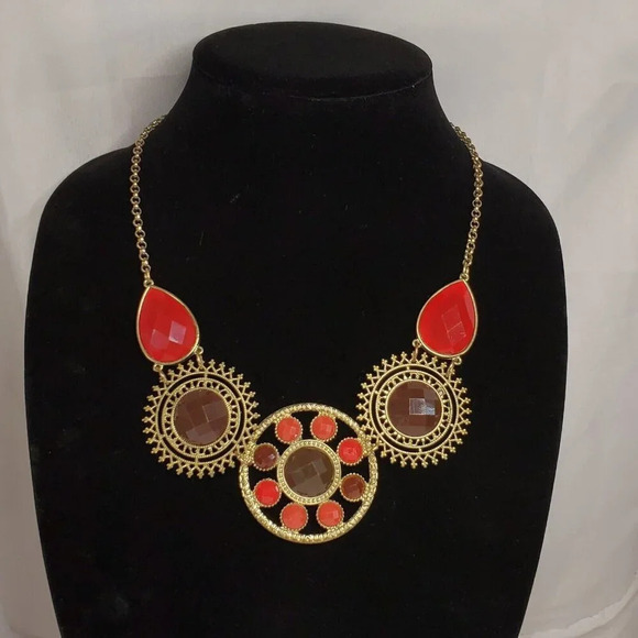 VTG Statement Necklace Gold Tone Faceted Cabochon 22 Inch Long Boho Hippie - Picture 1 of 6